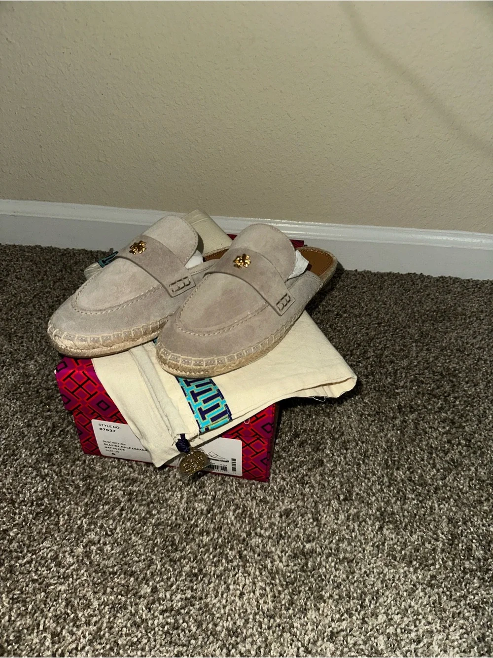 Tory Burch Light Taupe Suede Backless Loafers with Gold Logo